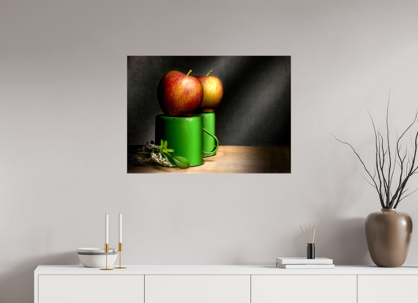 33.6 x 24″, Glossy Canvas Cups & Apples | Light Painted Fine Art Print
