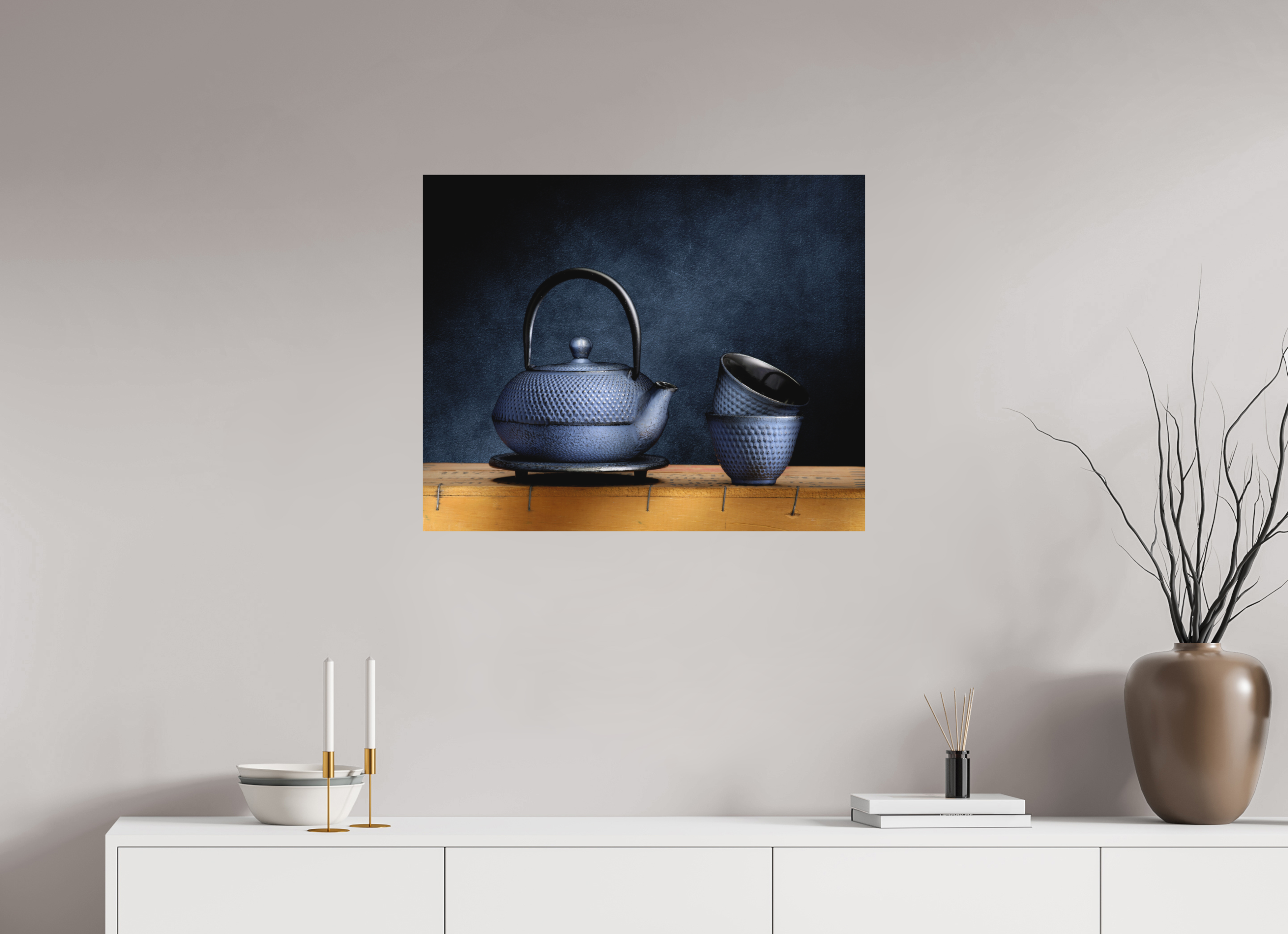 29.8 x 24″, Metal Print Ready To Hang Tea Ceremony in Light | Chinese Teapot & Cups Fine Art Print