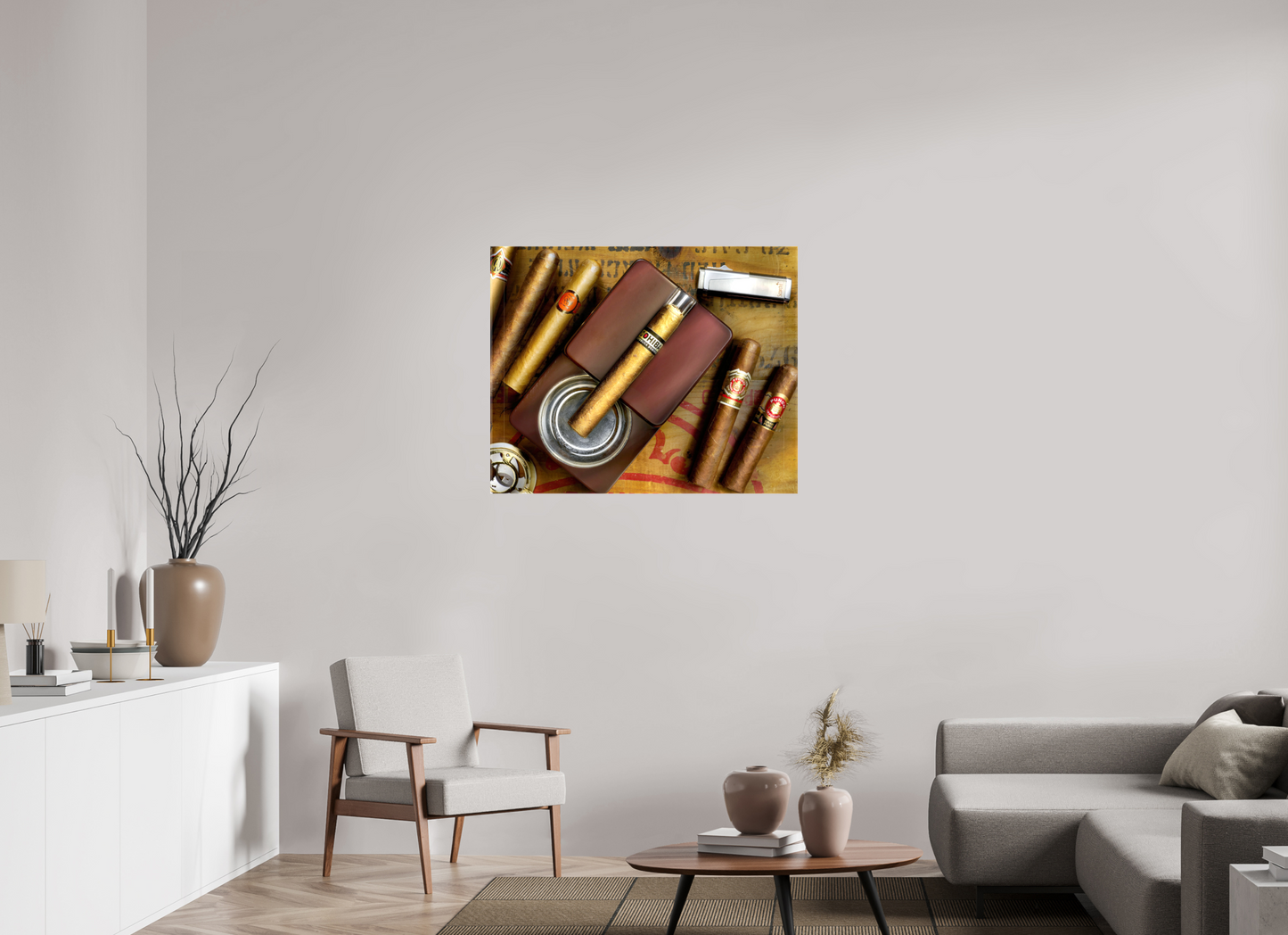 38.7 x 31″, Glossy Canvas cigars with ashtray