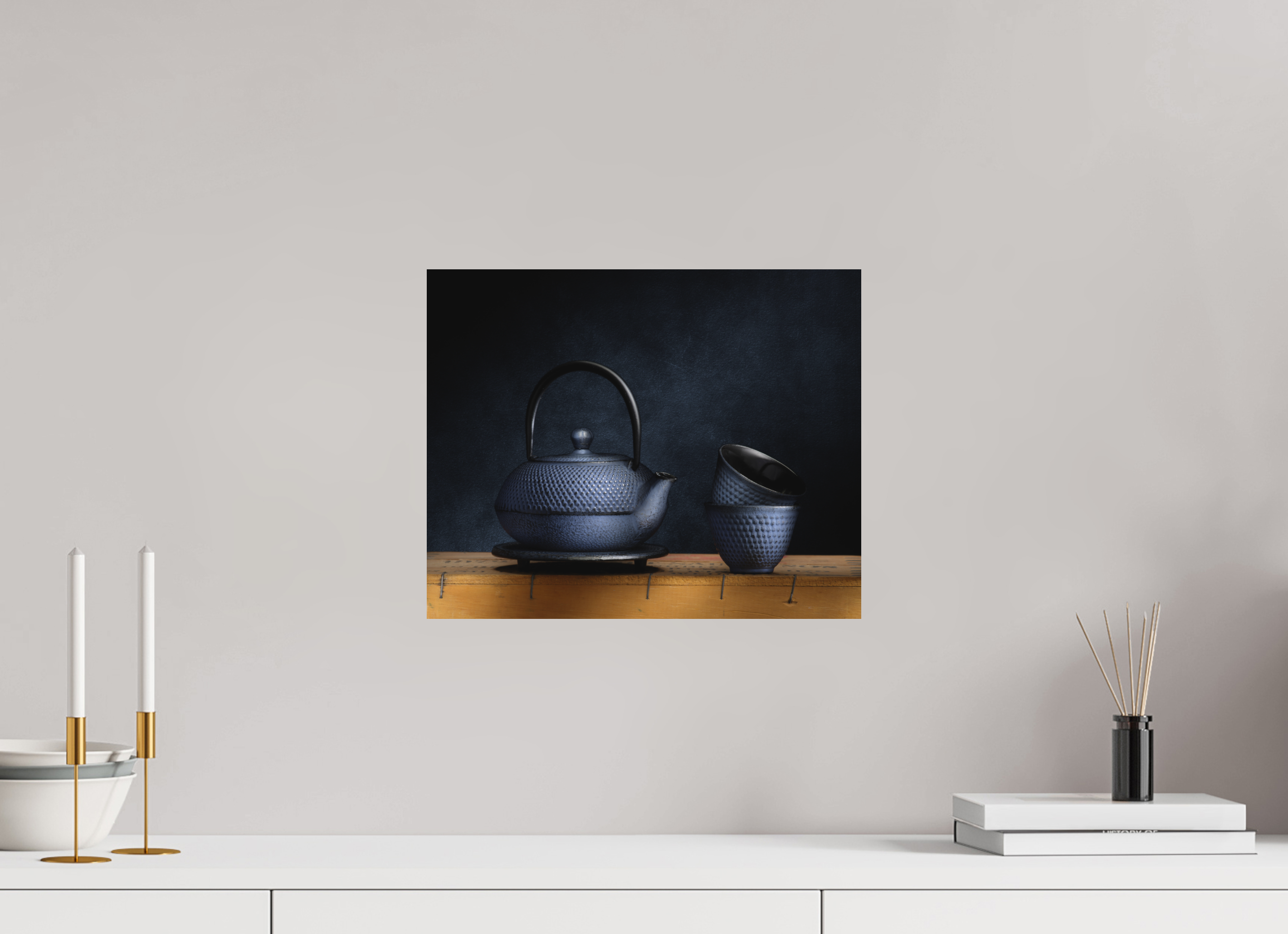 14.9 x 12″, Metal Print Ready To Hang TEA POT AND CUPS