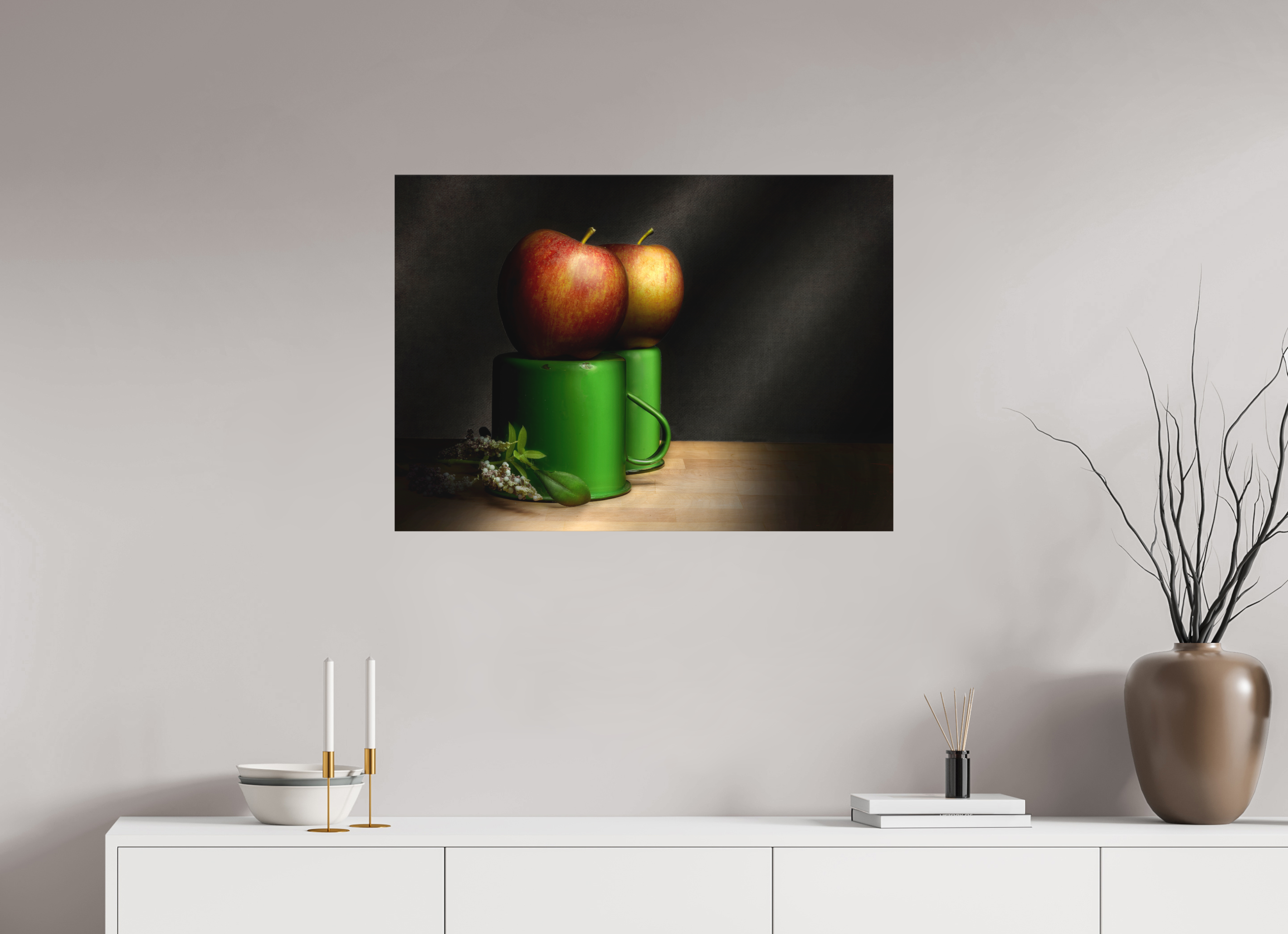 33.6 x 24″, Metal Print Ready To Hang Apple and cups