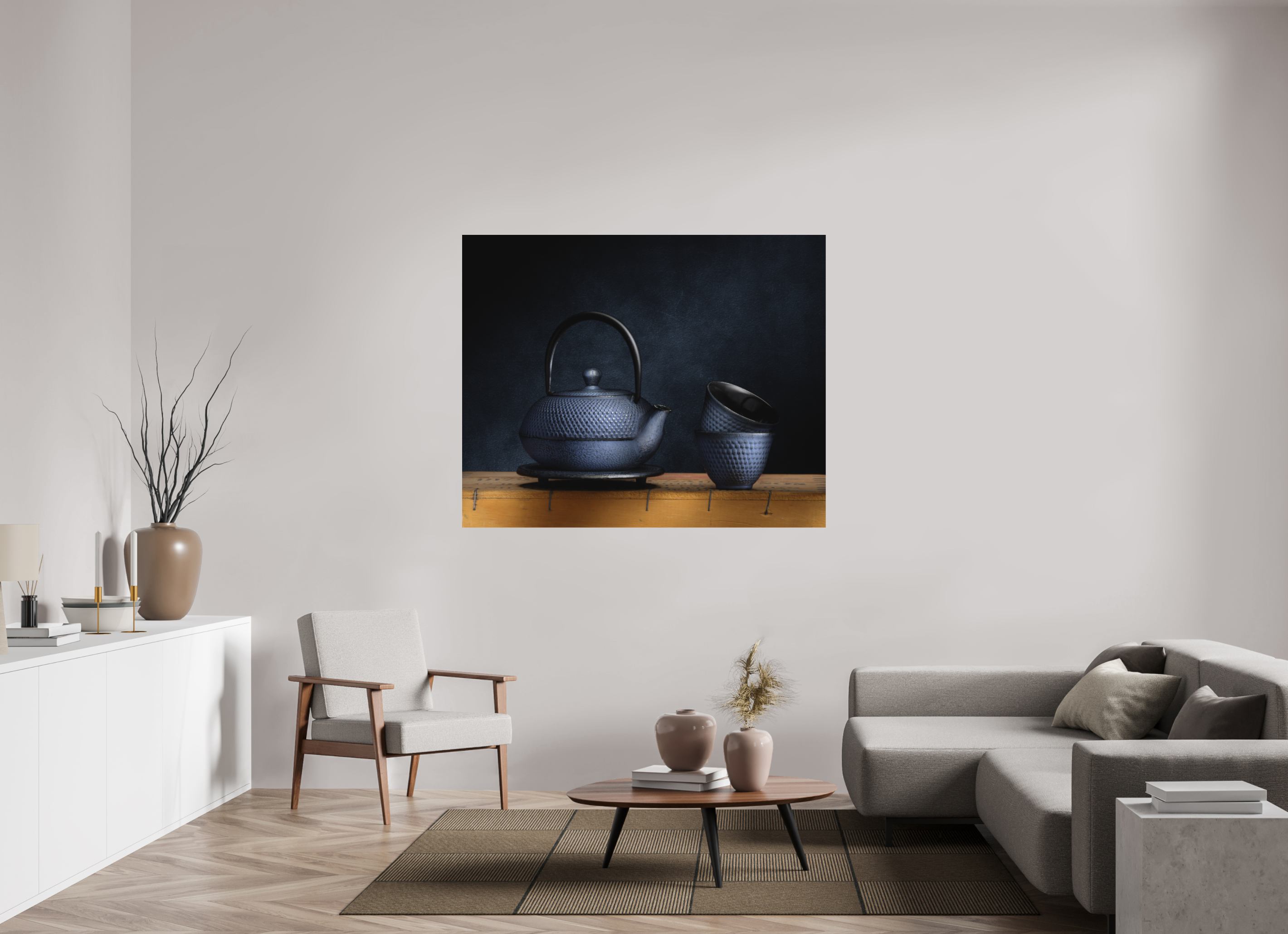 58.4 x 47″, Metal Print Ready To Hang TEA POT AND CUPS