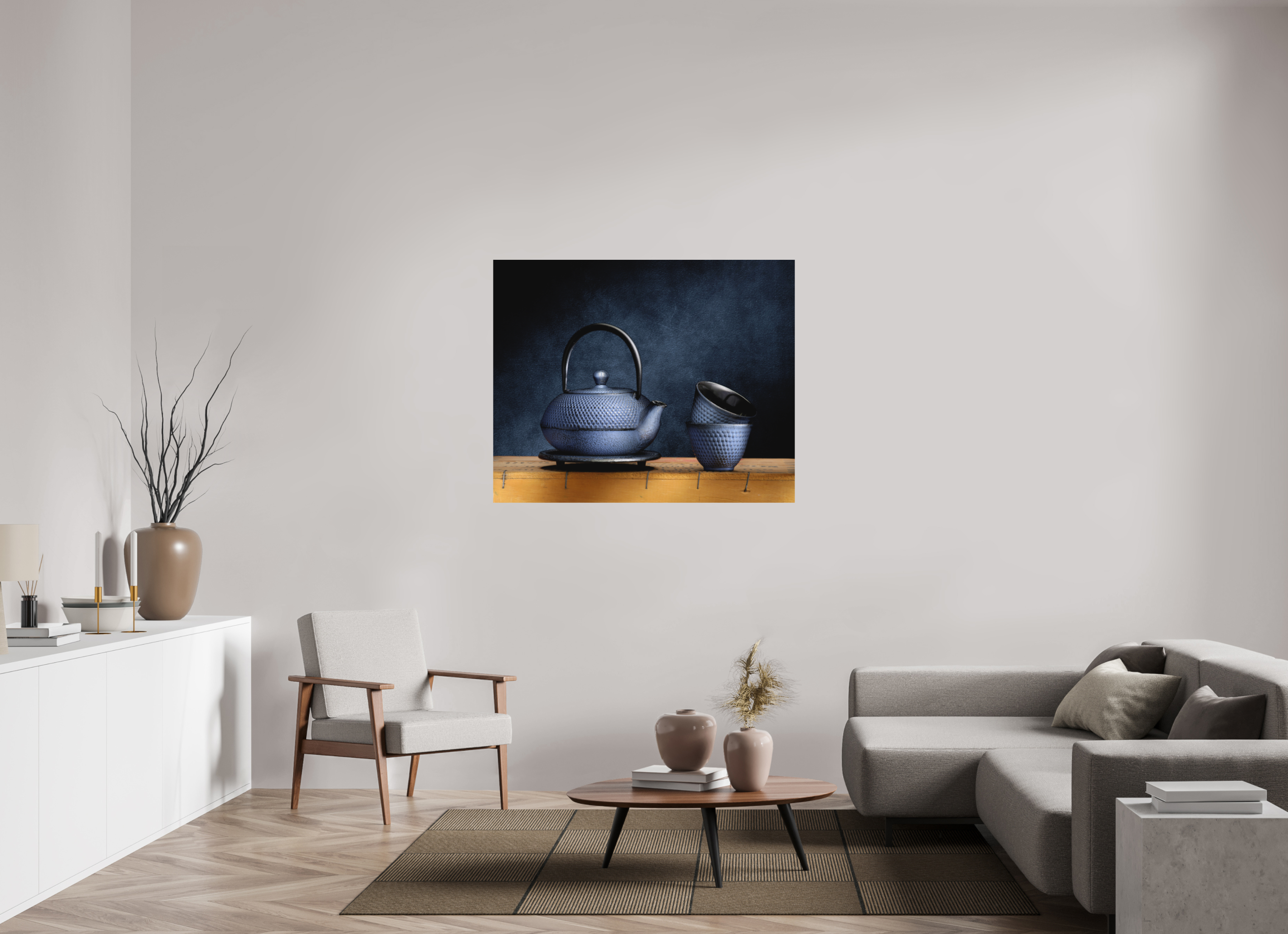 48.4 x 39″, Metal Print Ready To Hang Tea Ceremony in Light | Chinese Teapot & Cups Fine Art Print