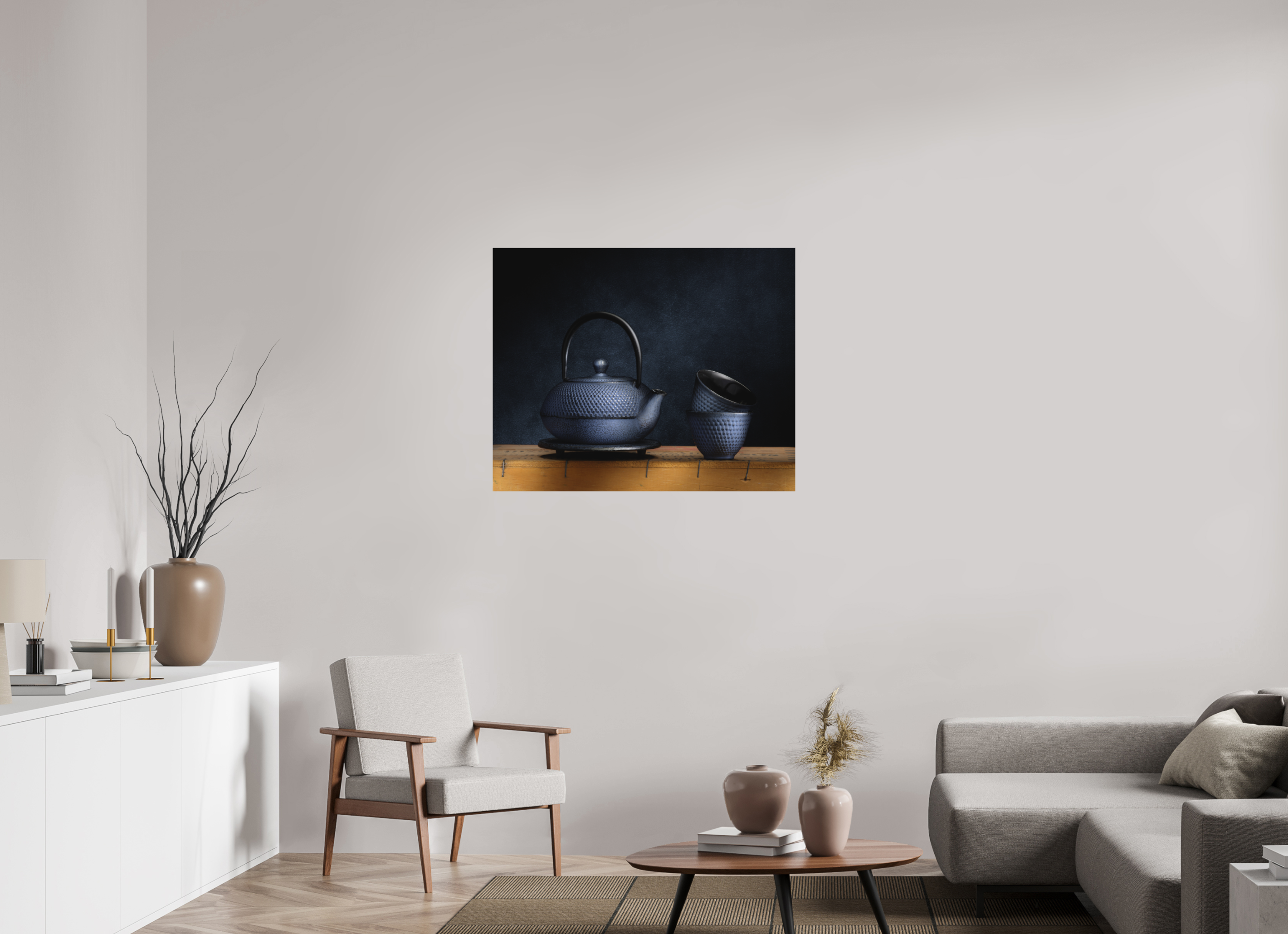 38.5 x 31″, Metal Print Ready To Hang TEA POT AND CUPS