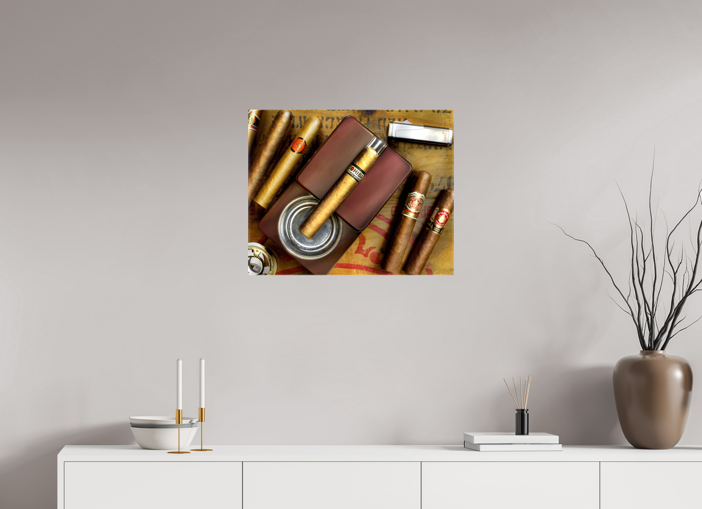 25 x 20″, Glossy Canvas cigars with ashtray